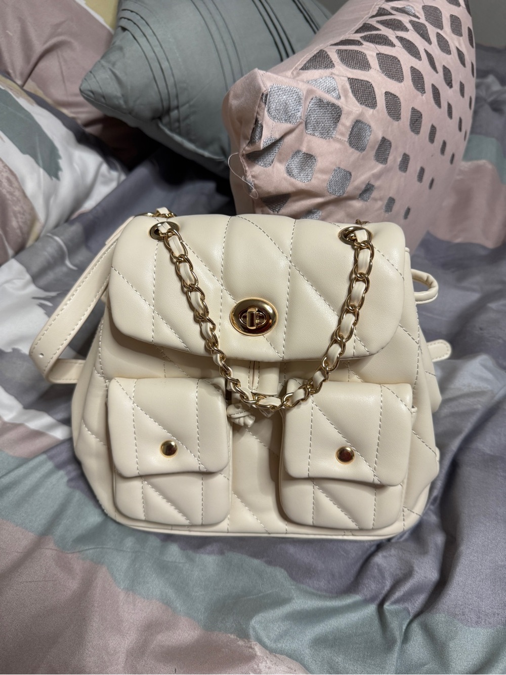 Amazon vegan Megan Quilted Cream Chain-Accent Backpack Handbag